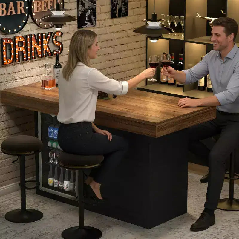Table de pub mange-debout avec espace réfrigérateur et rangement, 104,4 cm H x 160 cm L, 4-6 places, Noir/Marron