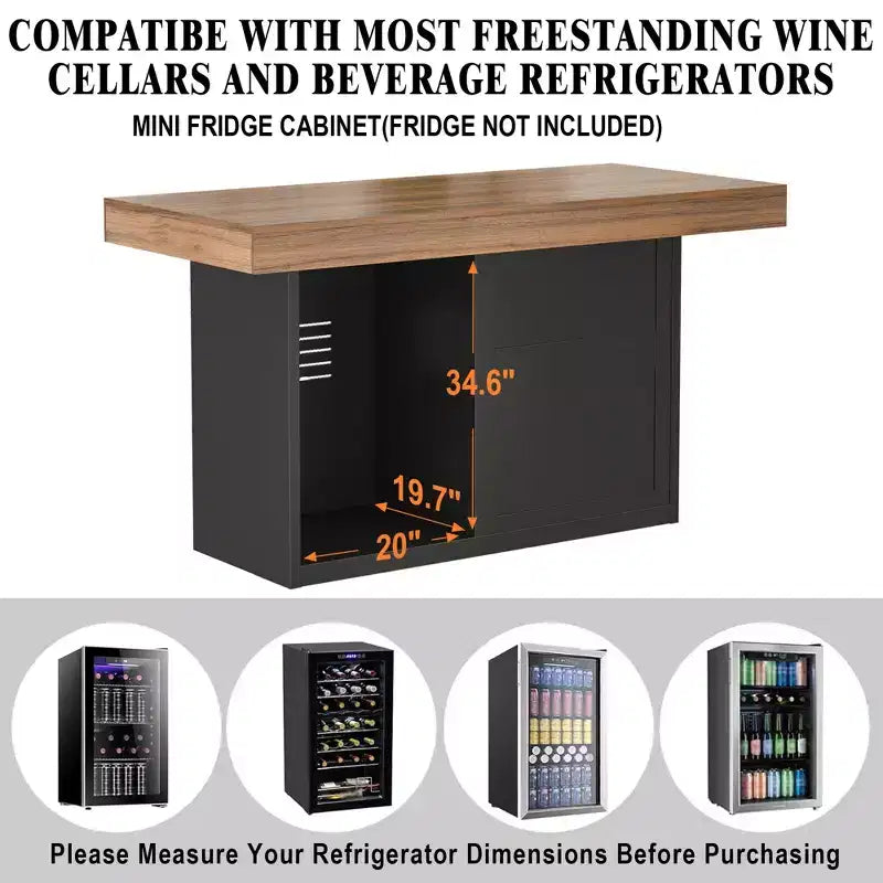 Bar Height Pub Table with Fridge Space & Storage, 41.1H x 63W, Seats 4-6, Black/Brown