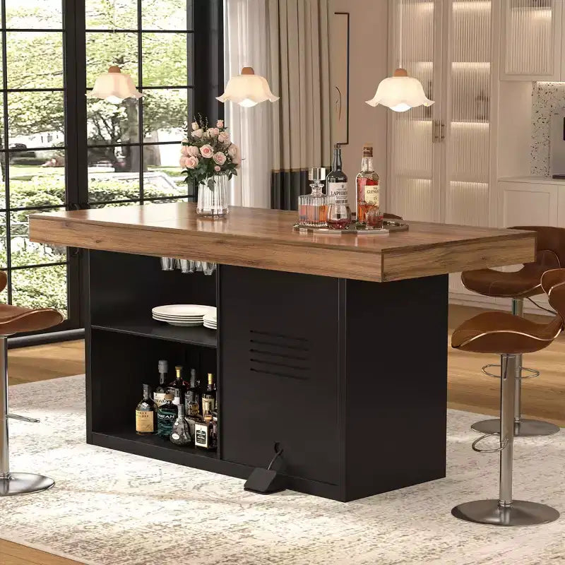 Table de pub mange-debout avec espace réfrigérateur et rangement, 104,4 cm H x 160 cm L, 4-6 places, Noir/Marron