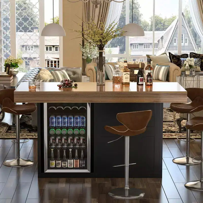 Table de pub mange-debout avec espace réfrigérateur et rangement, 104,4 cm H x 160 cm L, 4-6 places, Noir/Marron