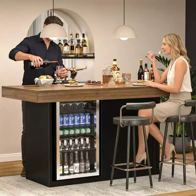 Table de pub mange-debout avec espace réfrigérateur et rangement, 104,4 cm H x 160 cm L, 4-6 places, Noir/Marron