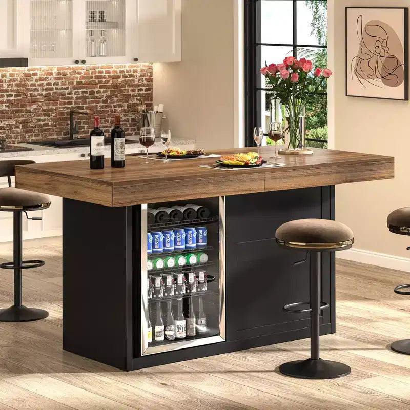 Table de pub mange-debout avec espace réfrigérateur et rangement, 104,4 cm H x 160 cm L, 4-6 places, Noir/Marron