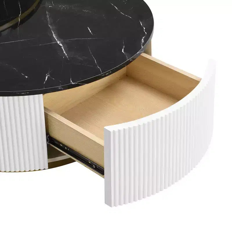 Lot de 2 tables basses gigognes rondes modernes, base cannelée, tiroir, or et blanc, 80 cm