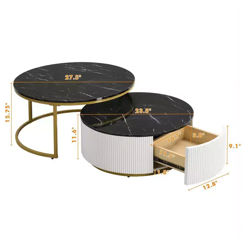 Lot de 2 tables basses gigognes rondes modernes, base cannelée, tiroir, or et blanc, 80 cm