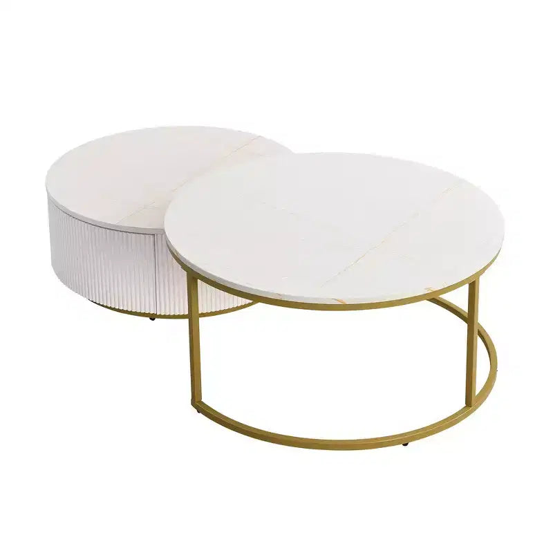 Lot de 2 tables basses gigognes rondes modernes, base cannelée, tiroir, or et blanc, 80 cm