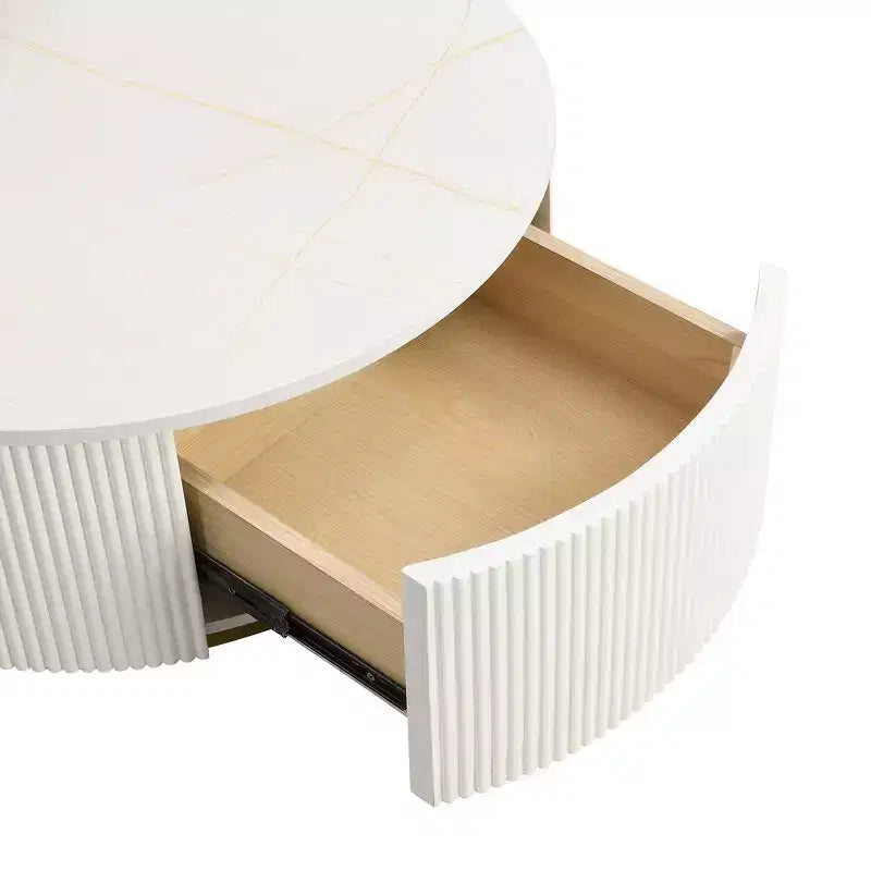 Lot de 2 tables basses gigognes rondes modernes, base cannelée, tiroir, or et blanc, 80 cm