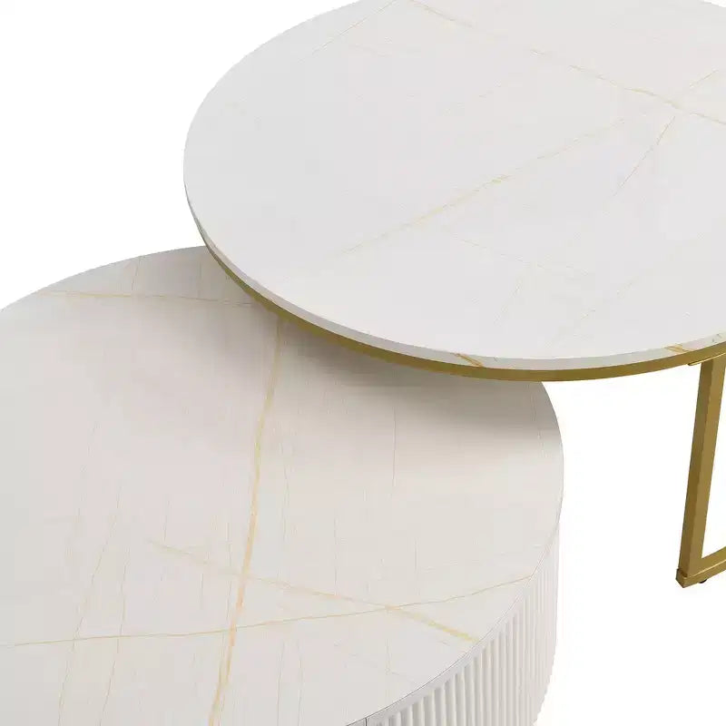 Lot de 2 tables basses gigognes rondes modernes, base cannelée, tiroir, or et blanc, 80 cm
