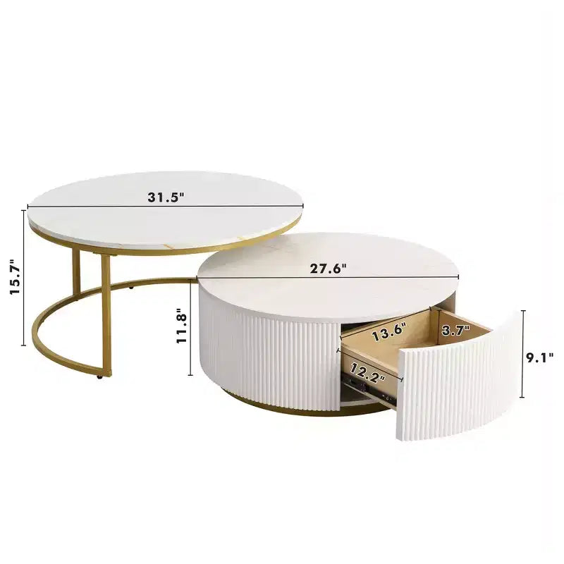 Lot de 2 tables basses gigognes rondes modernes, base cannelée, tiroir, or et blanc, 80 cm