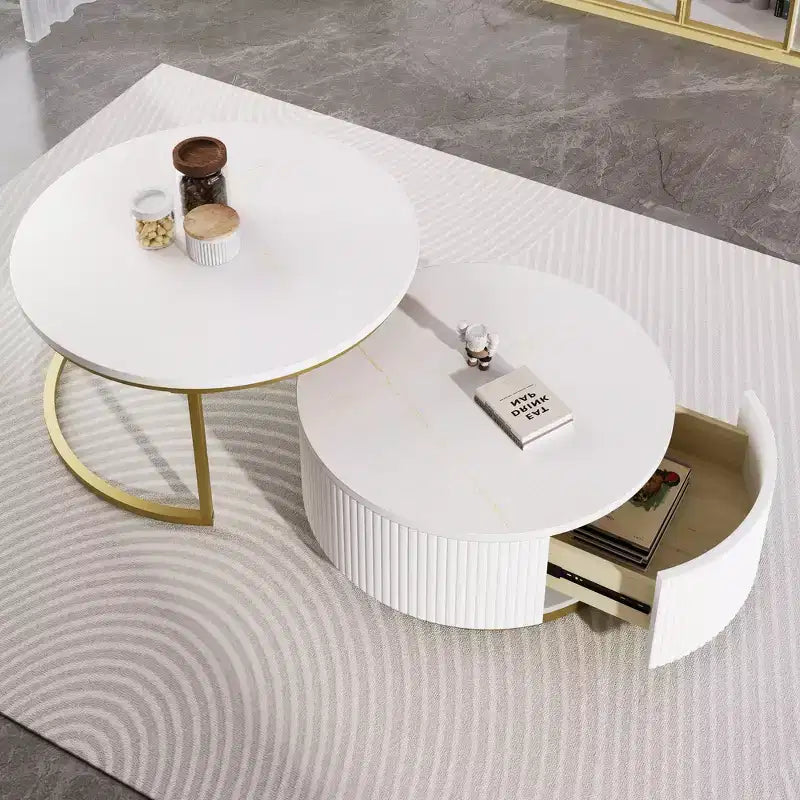 Lot de 2 tables basses gigognes rondes modernes, base cannelée, tiroir, or et blanc, 80 cm