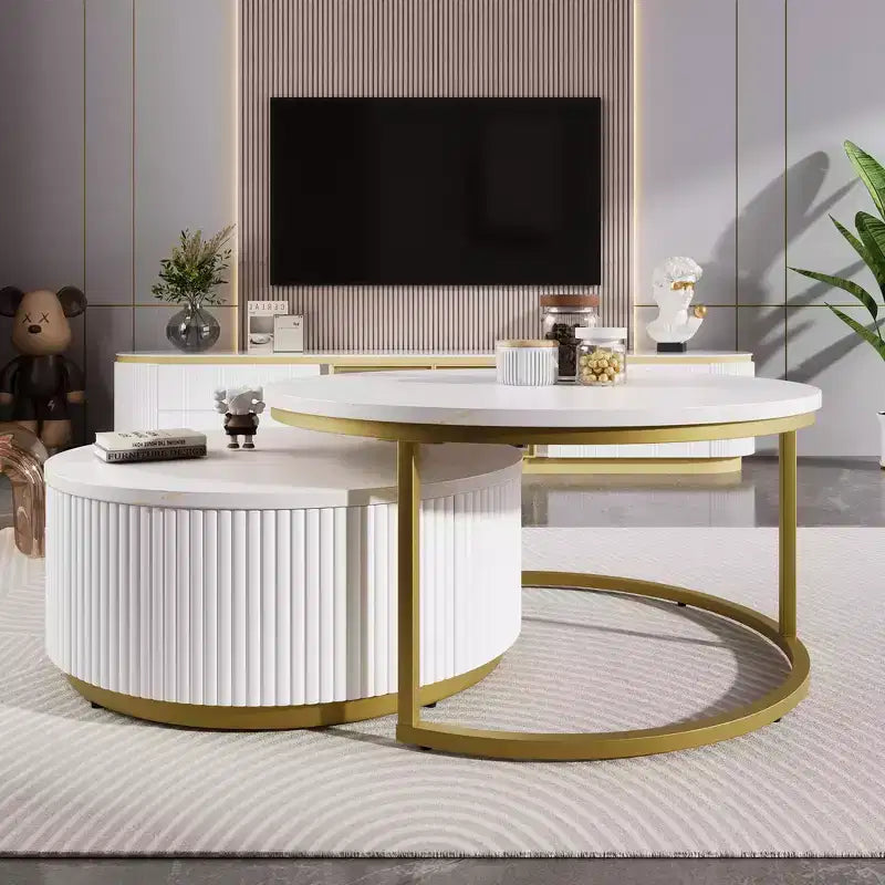 Lot de 2 tables basses gigognes rondes modernes, base cannelée, tiroir, or et blanc, 80 cm