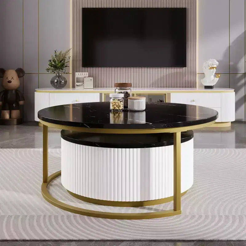 Lot de 2 tables basses gigognes rondes modernes, base cannelée, tiroir, or et blanc, 80 cm