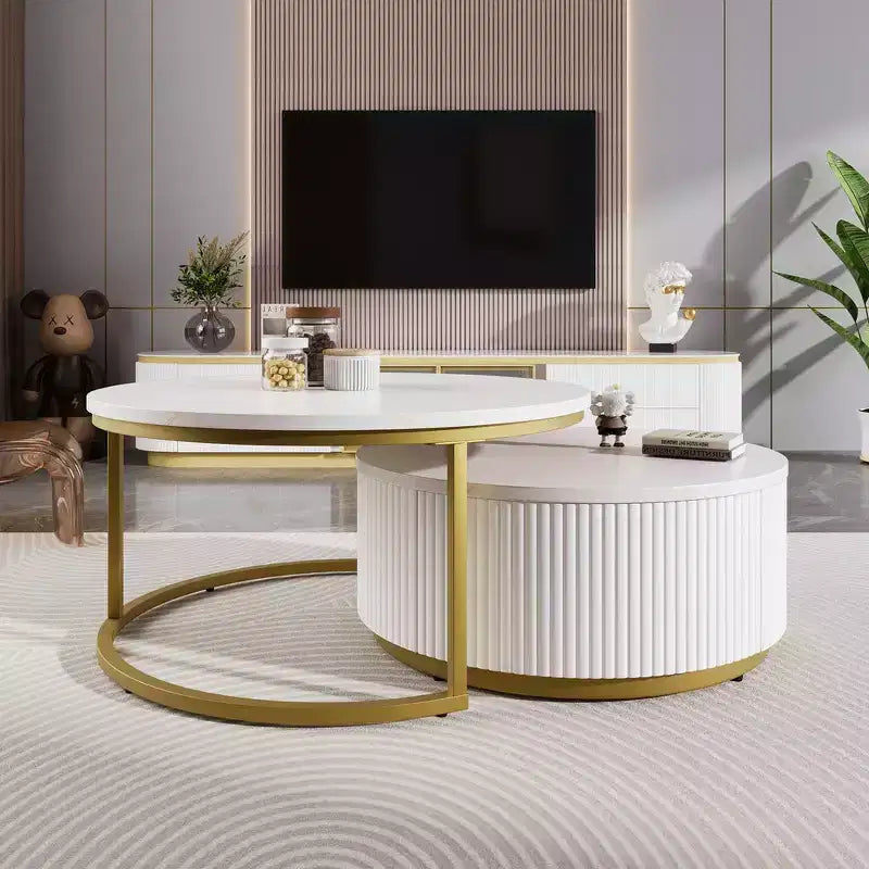 Lot de 2 tables basses gigognes rondes modernes, base cannelée, tiroir, or et blanc, 80 cm