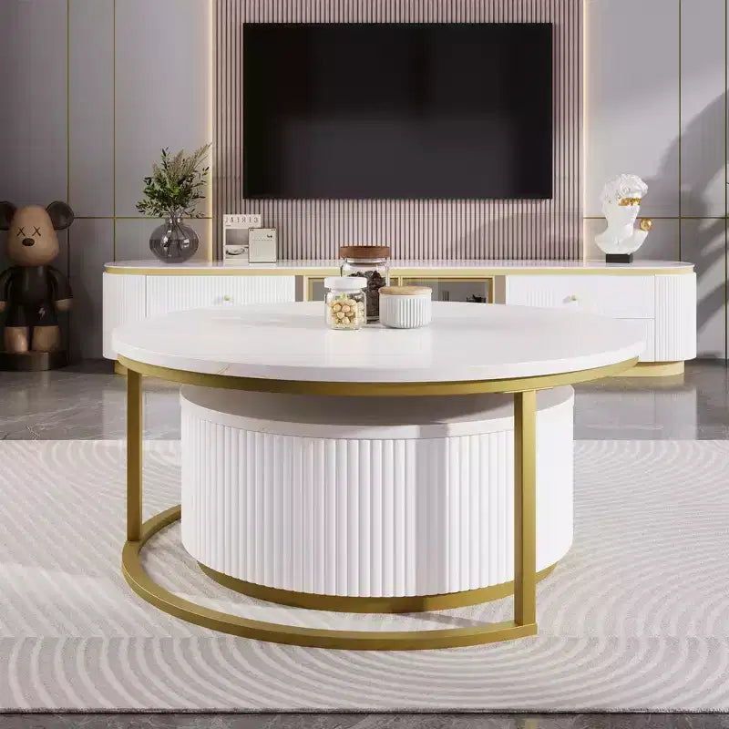 Lot de 2 tables basses gigognes rondes modernes, base cannelée, tiroir, or et blanc, 80 cm