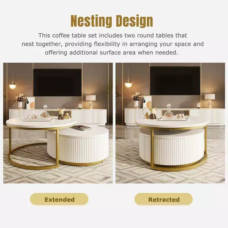 Lot de 2 tables basses gigognes rondes modernes, base cannelée, tiroir, or et blanc, 80 cm