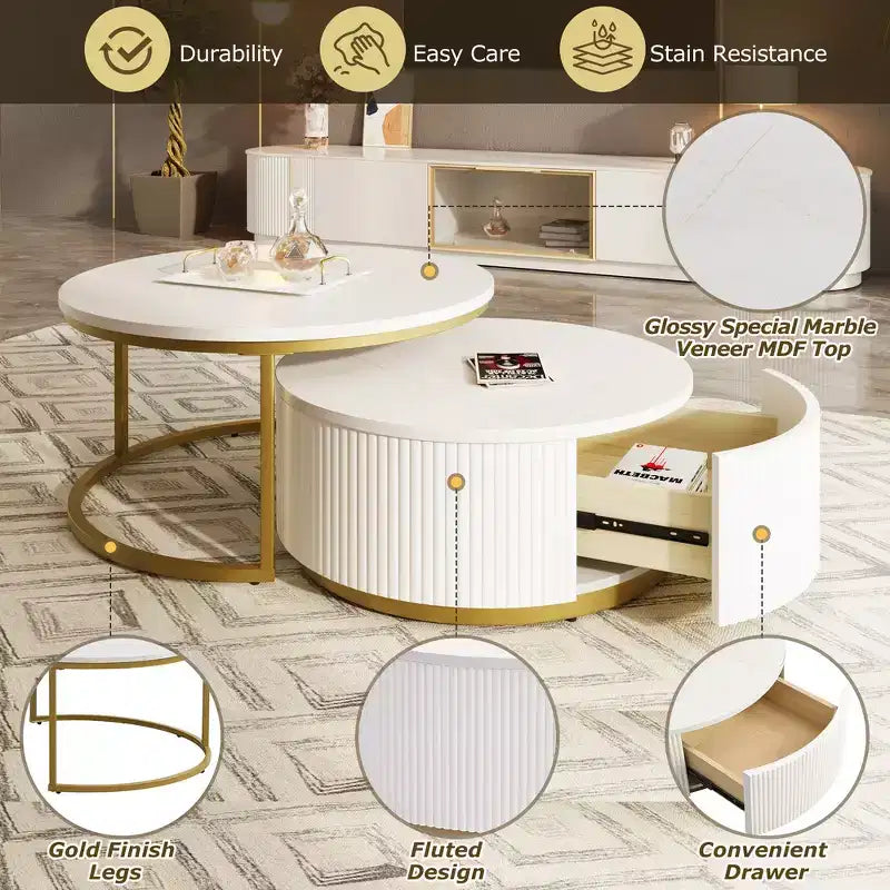 Lot de 2 tables basses gigognes rondes modernes, base cannelée, tiroir, or et blanc, 80 cm