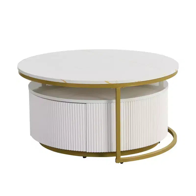 Lot de 2 tables basses gigognes rondes modernes, base cannelée, tiroir, or et blanc, 80 cm