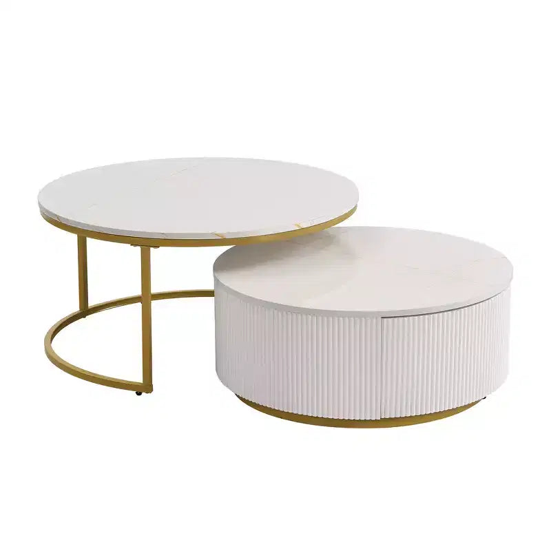 Lot de 2 tables basses gigognes rondes modernes, base cannelée, tiroir, or et blanc, 80 cm
