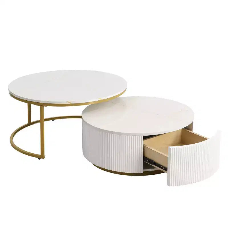 Lot de 2 tables basses gigognes rondes modernes, base cannelée, tiroir, or et blanc, 80 cm