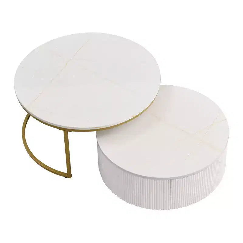 Lot de 2 tables basses gigognes rondes modernes, base cannelée, tiroir, or et blanc, 80 cm