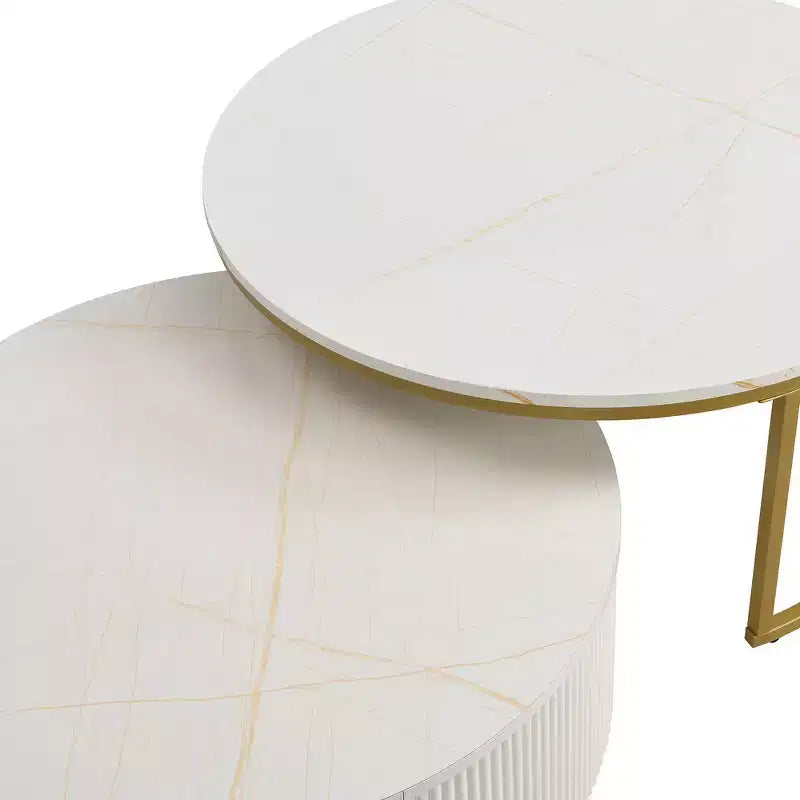Lot de 2 tables basses gigognes rondes modernes, base cannelée, tiroir, or et blanc, 80 cm