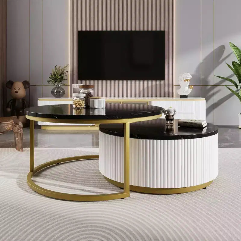 Modern Round Nesting Coffee Table Set of 2, Fluted Base, Drawer, Gold & White, 31.5"