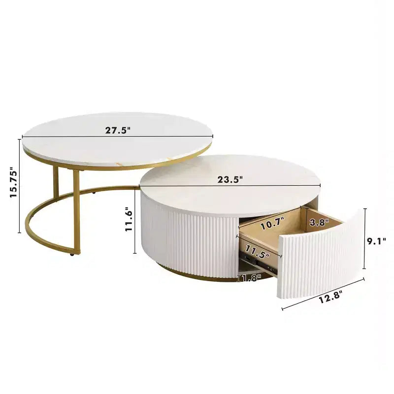 Lot de 2 tables basses gigognes rondes modernes, base cannelée, tiroir, or et blanc, 80 cm