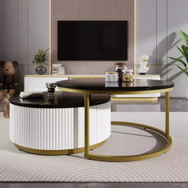 Lot de 2 tables basses gigognes rondes modernes, base cannelée, tiroir, or et blanc, 80 cm