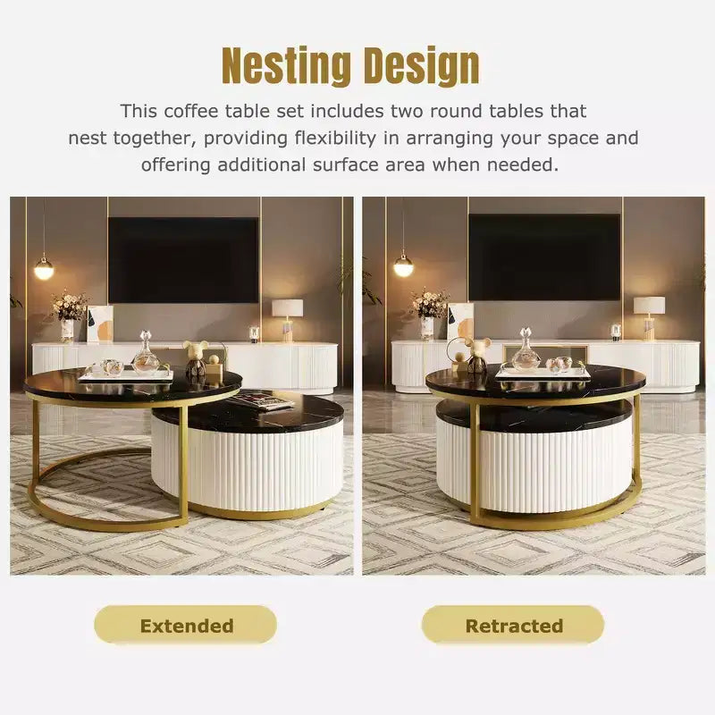 Modern Round Nesting Coffee Table Set of 2, Fluted Base, Drawer, Gold & White, 31.5"
