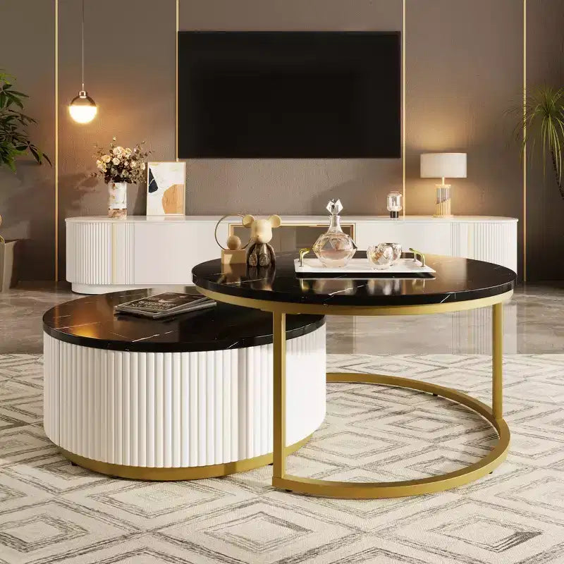Lot de 2 tables basses gigognes rondes modernes, base cannelée, tiroir, or et blanc, 80 cm