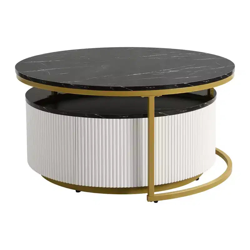 Lot de 2 tables basses gigognes rondes modernes, base cannelée, tiroir, or et blanc, 80 cm