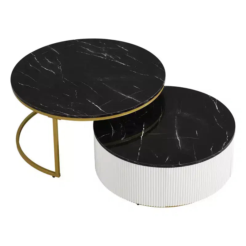 Lot de 2 tables basses gigognes rondes modernes, base cannelée, tiroir, or et blanc, 80 cm