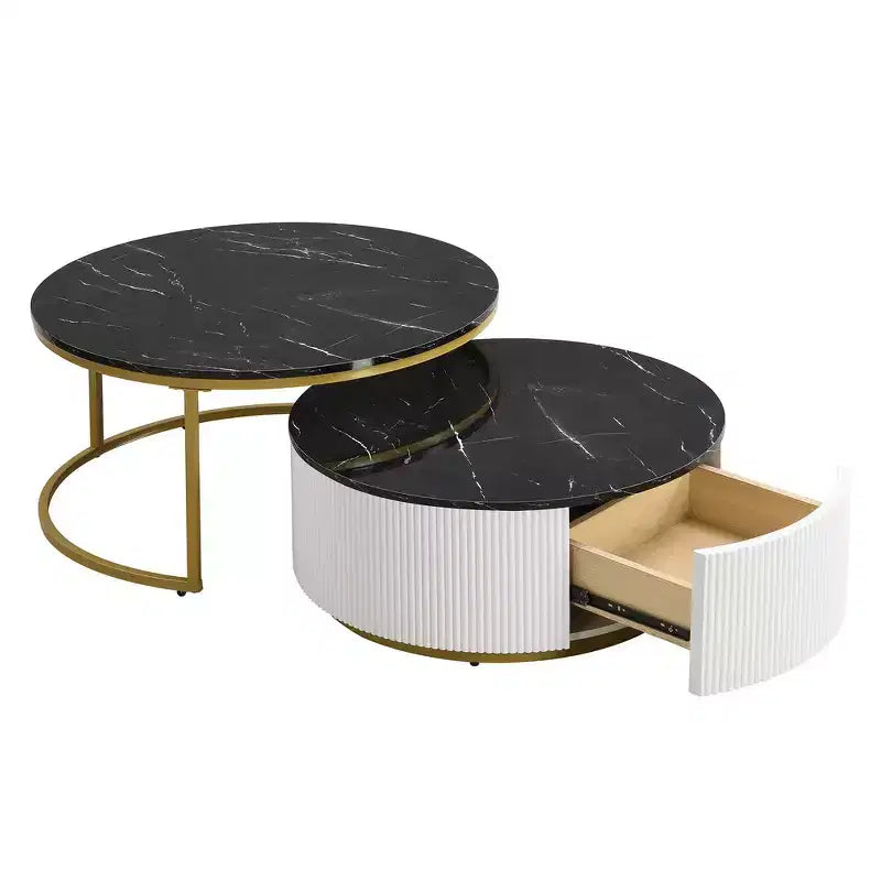 Lot de 2 tables basses gigognes rondes modernes, base cannelée, tiroir, or et blanc, 80 cm