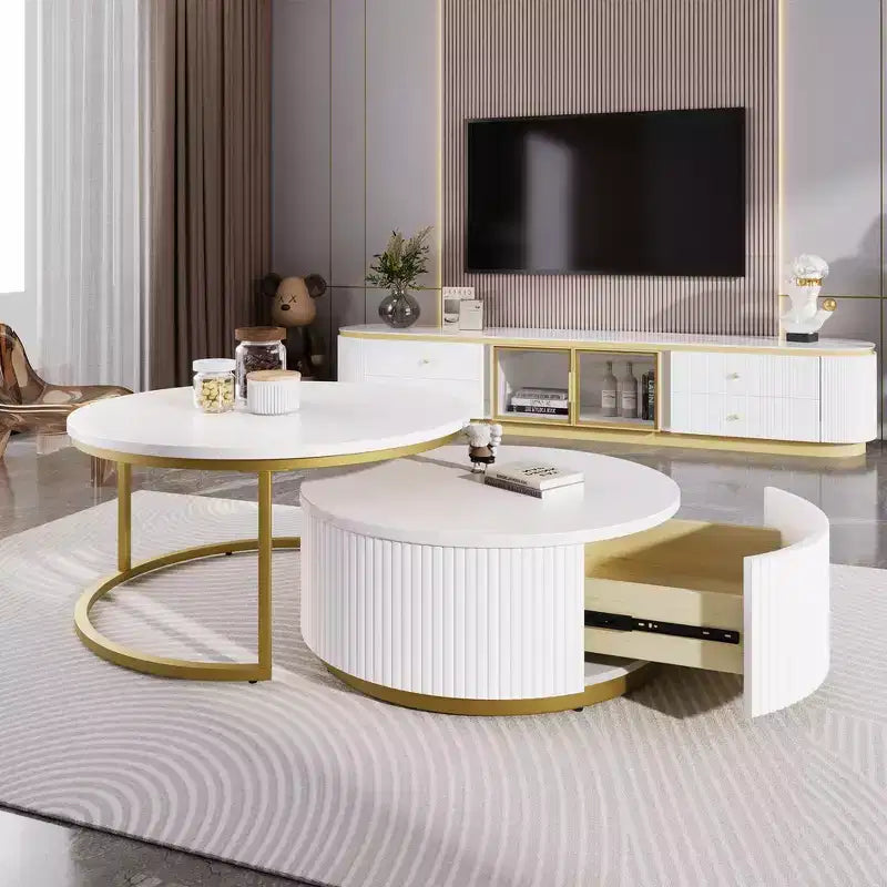 Modern Round Nesting Coffee Table Set of 2, Fluted Base, Drawer, Gold & White, 31.5"