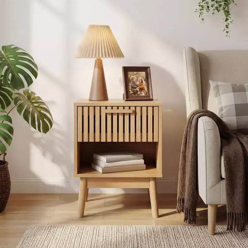Boho Nightstand with Drawer & Open Shelf, Small Bedside End Table, Natural, MDF