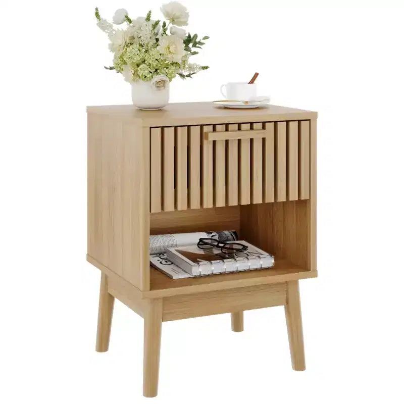 Table de chevet bohème avec tiroir et étagère ouverte, petite table d'appoint, naturel, MDF