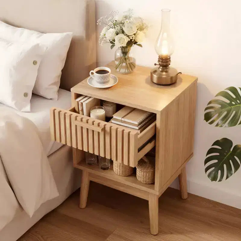 Table de chevet bohème avec tiroir et étagère ouverte, petite table d'appoint, naturel, MDF