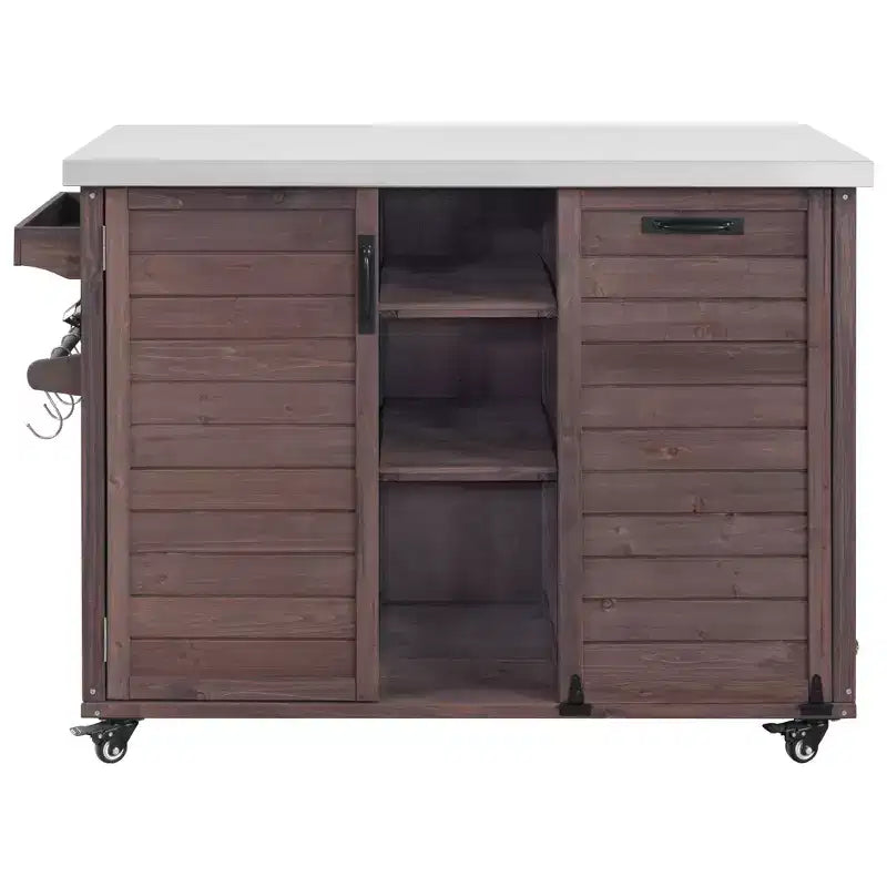 Îlot de cuisine extérieure de 78 pouces, dessus en acier inoxydable, station barbecue pliable, marron foncé