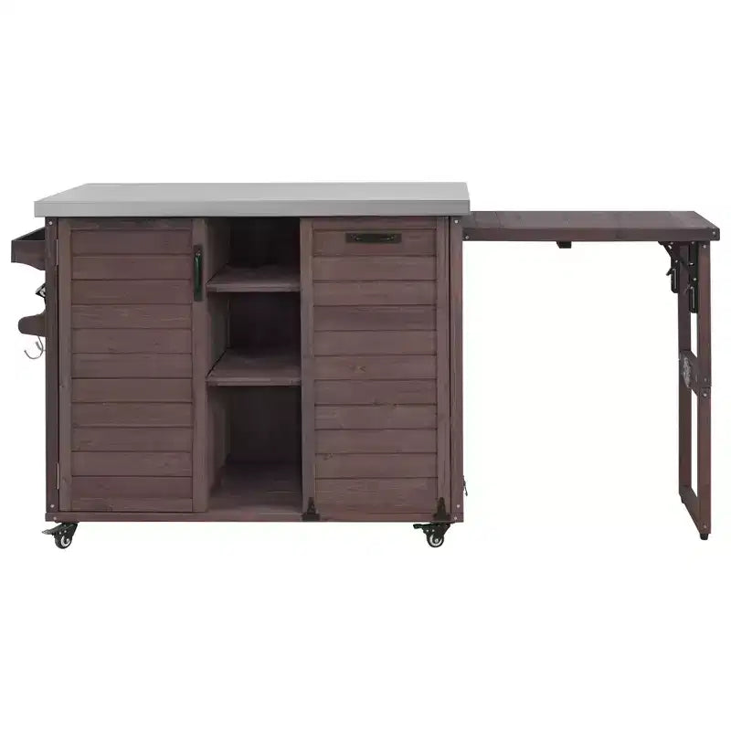 Îlot de cuisine extérieure de 78 pouces, dessus en acier inoxydable, station barbecue pliable, marron foncé