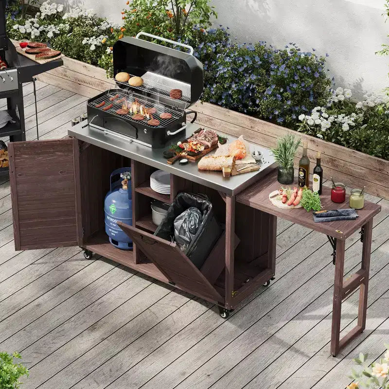 Îlot de cuisine extérieure de 78 pouces, dessus en acier inoxydable, station barbecue pliable, marron foncé