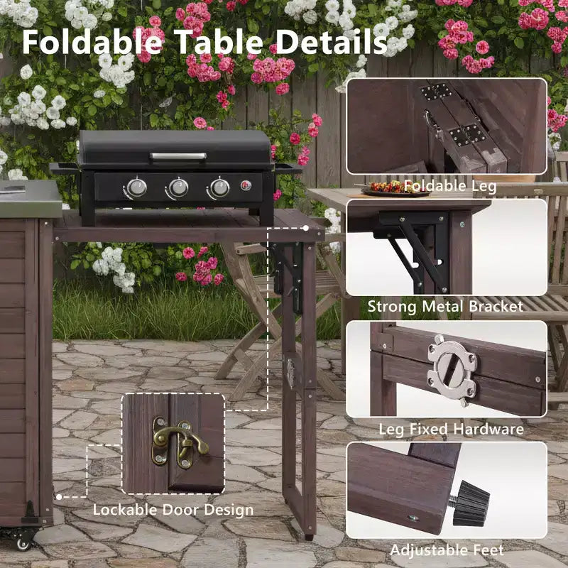 78 Inch Outdoor Kitchen Island, Stainless Steel Top, Foldable BBQ Station, Dark Brown