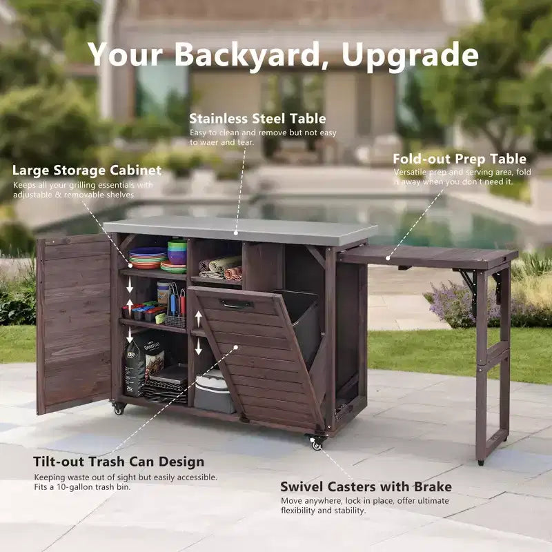 78 Inch Outdoor Kitchen Island, Stainless Steel Top, Foldable BBQ Station, Dark Brown