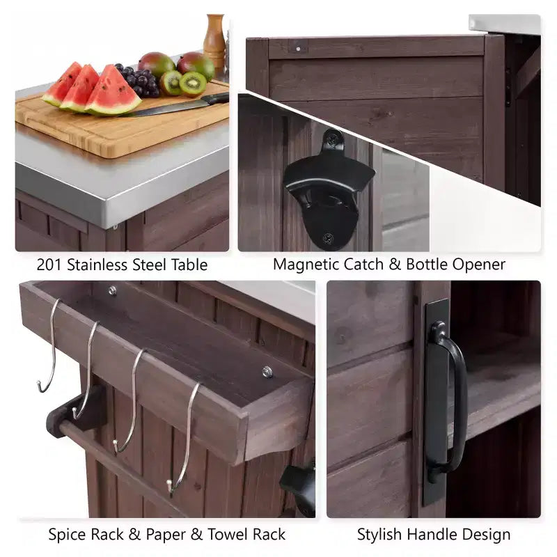 Îlot de cuisine extérieure de 78 pouces, dessus en acier inoxydable, station barbecue pliable, marron foncé