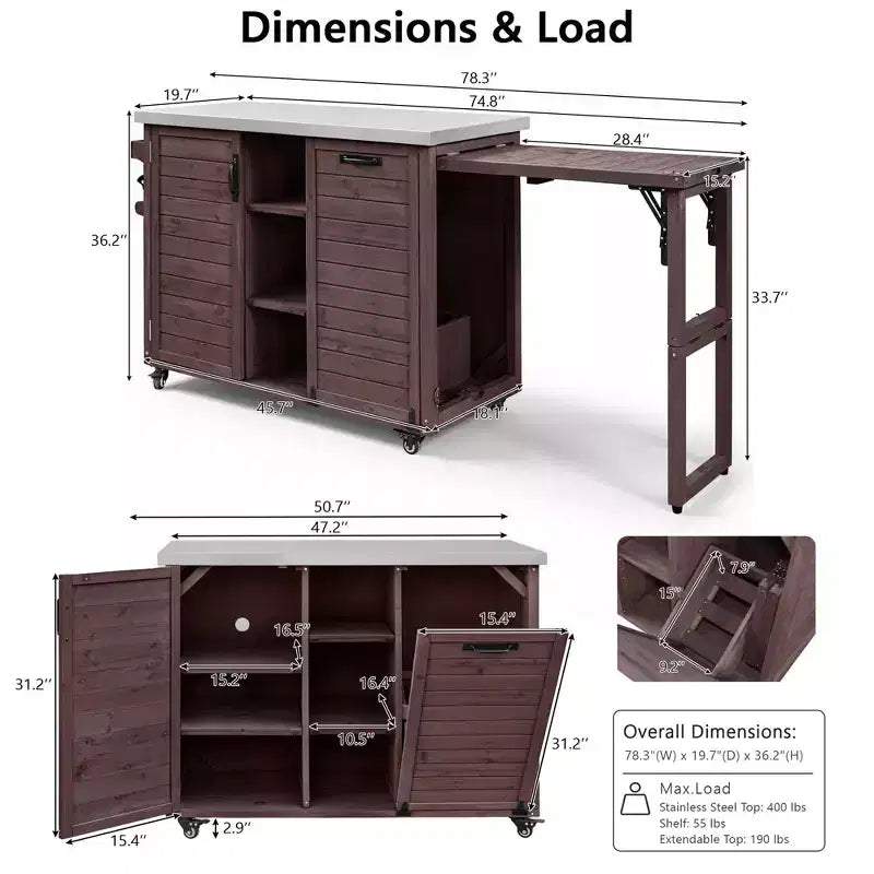 Îlot de cuisine extérieure de 78 pouces, dessus en acier inoxydable, station barbecue pliable, marron foncé