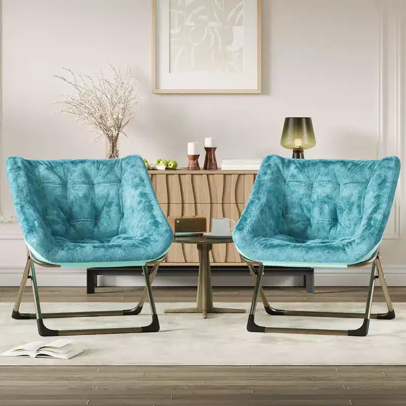 Fauteuil soucoupe pliable pour adultes – Peluche douce en fausse fourrure de lapin, cadre métallique doré robuste – Aucun assemblage requis, idéal pour la chambre, le salon, le dortoir et l'appartement