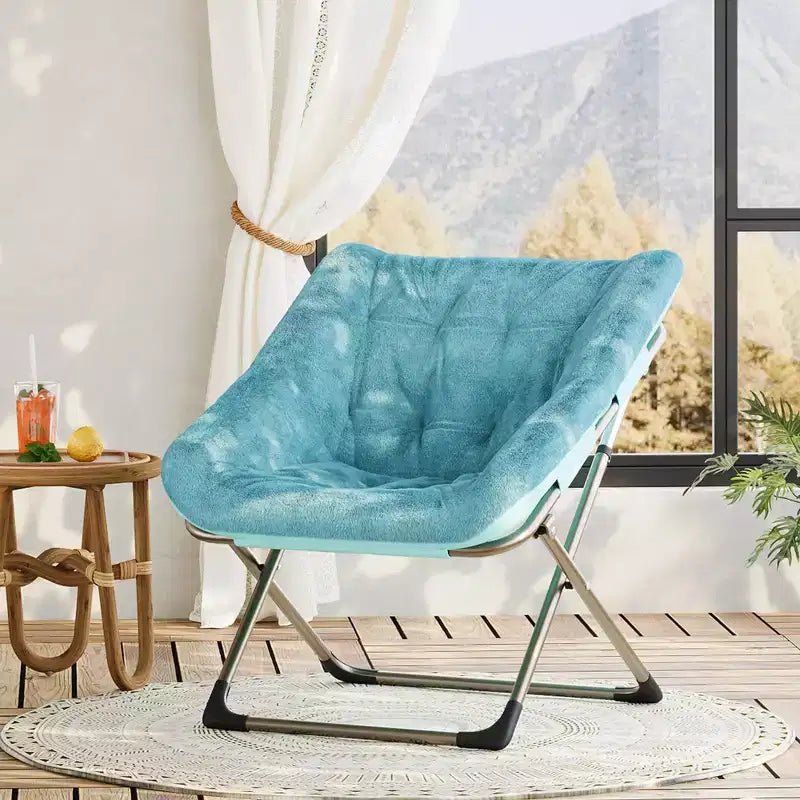 Fauteuil soucoupe pliable pour adultes – Peluche douce en fausse fourrure de lapin, cadre métallique doré robuste – Aucun assemblage requis, idéal pour la chambre, le salon, le dortoir et l'appartement