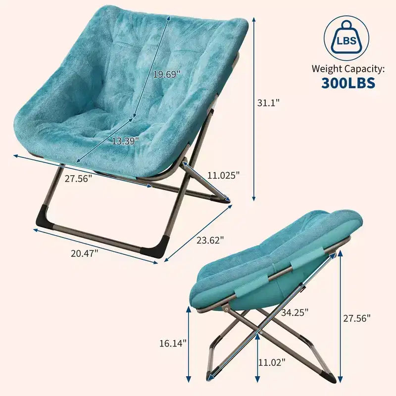 Fauteuil soucoupe pliable pour adultes – Peluche douce en fausse fourrure de lapin, cadre métallique doré robuste – Aucun assemblage requis, idéal pour la chambre, le salon, le dortoir et l'appartement