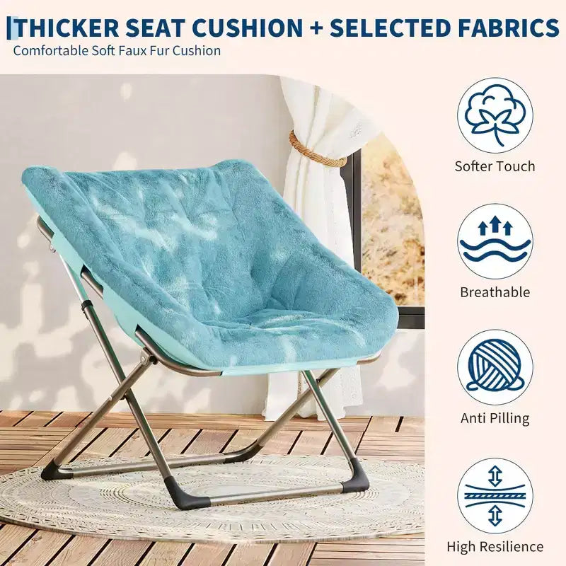 Fauteuil soucoupe pliable pour adultes – Peluche douce en fausse fourrure de lapin, cadre métallique doré robuste – Aucun assemblage requis, idéal pour la chambre, le salon, le dortoir et l'appartement