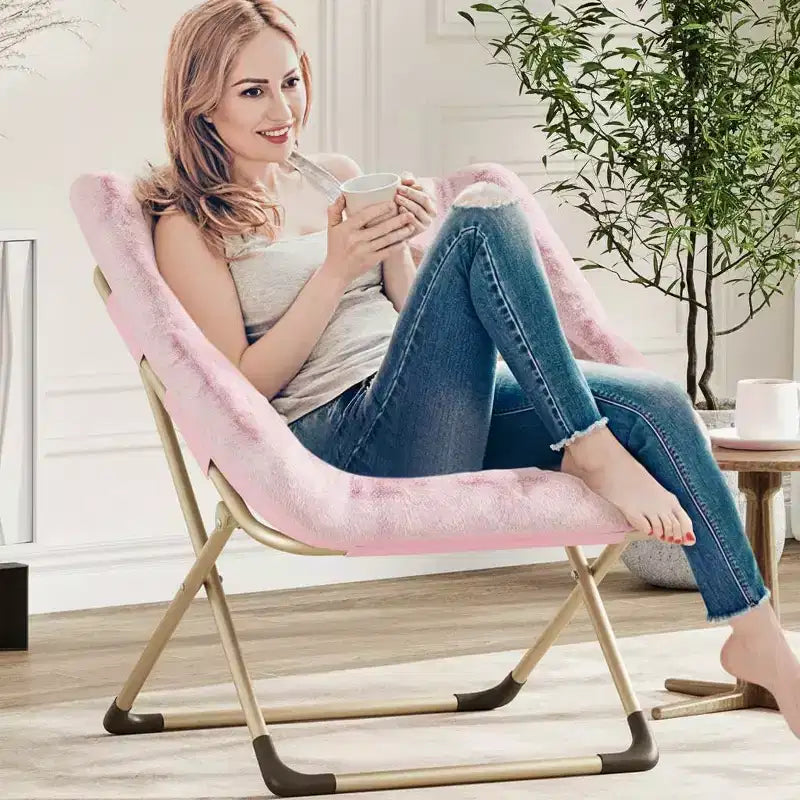 Fauteuil soucoupe pliable pour adultes – Peluche douce en fausse fourrure de lapin, cadre métallique doré robuste – Aucun assemblage requis, idéal pour la chambre, le salon, le dortoir et l'appartement