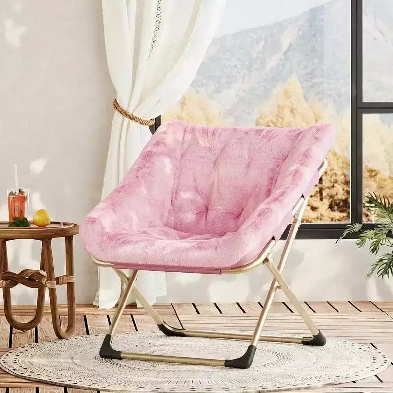 Fauteuil soucoupe pliable pour adultes – Peluche douce en fausse fourrure de lapin, cadre métallique doré robuste – Aucun assemblage requis, idéal pour la chambre, le salon, le dortoir et l'appartement