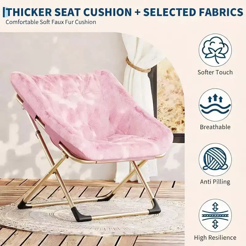 Fauteuil soucoupe pliable pour adultes – Peluche douce en fausse fourrure de lapin, cadre métallique doré robuste – Aucun assemblage requis, idéal pour la chambre, le salon, le dortoir et l'appartement